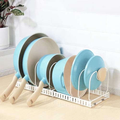Liebbon Extendable Frying Pan Storage Rack with 10 Compartments | Fits Under the Sink, Stove, and Drawer | Pot Stand for Upright Storage of Pot Lids,
