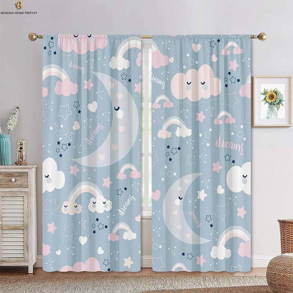 Милые шторы с рисунком звезд, луны и облаков из мультфильма, синие и белые шторы для детской комнаты, 2 шт.
