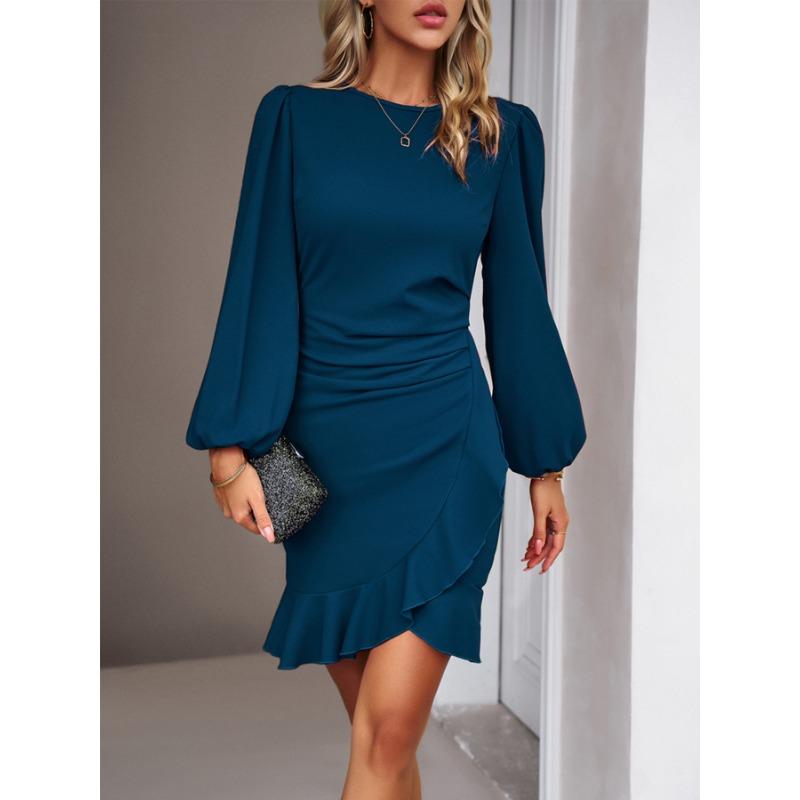 Осень Зима Круглый вырез Элегантная Мода Однотонное Платье Бодикон с Рюшами Женщины Фонарик Длинный рукав Халат Vestidos