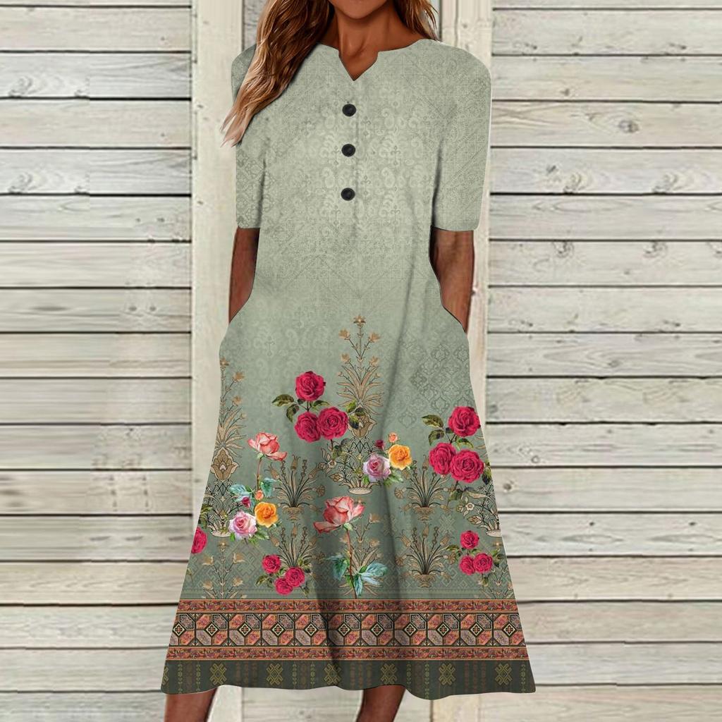 Summer Dress For Women 2023 Casual Printed V-Neck Short-Sleeve Beach Swing Dress