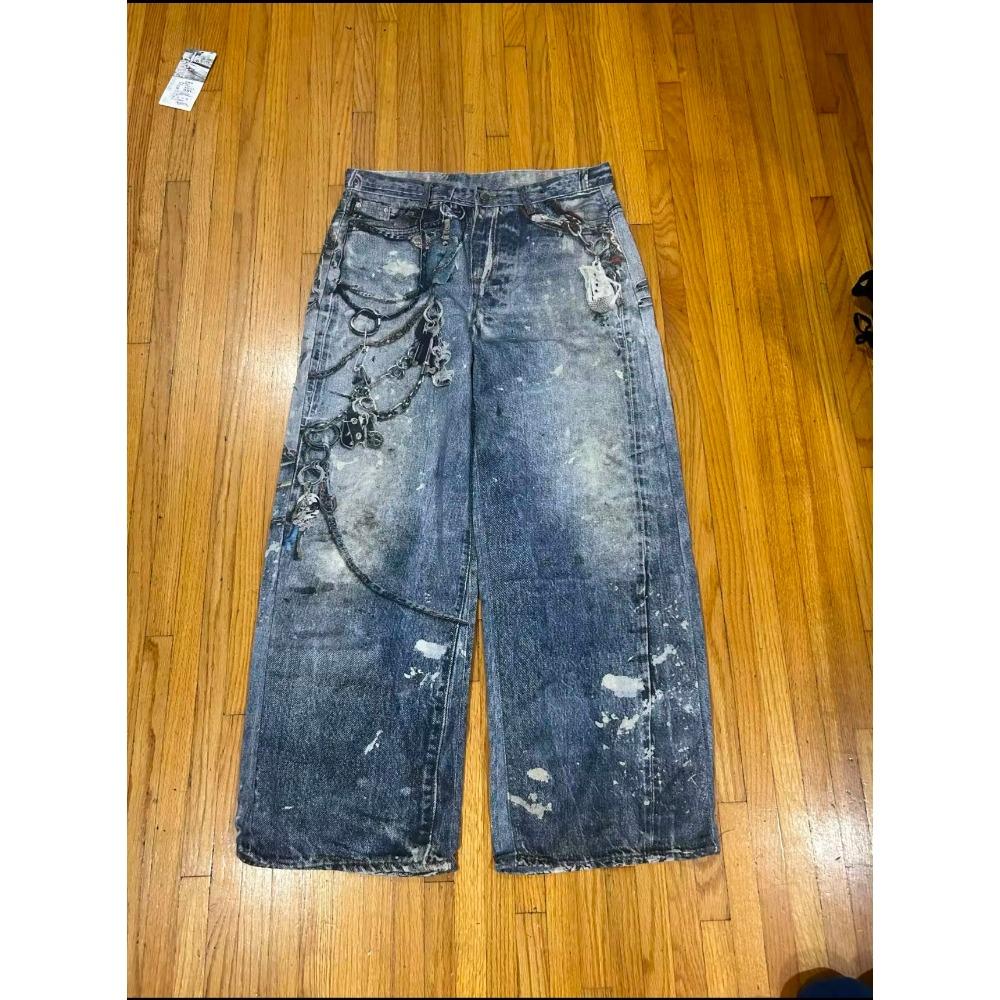 Новые мешковатые джинсы с 3D-принтом в виде цепочки для мужчин и женщин, повседневные мешковатые прямые джинсовые брюки, широкие джинсы Y2K