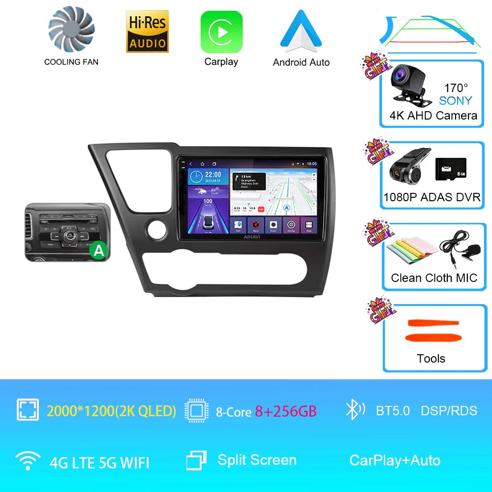 9" QLED 12G 256G Car Radio Android 14 For Honda Civic 9 2013 - 2016 Stereo Wireless Carplay Auto Navigation GPS Multimedia Playe