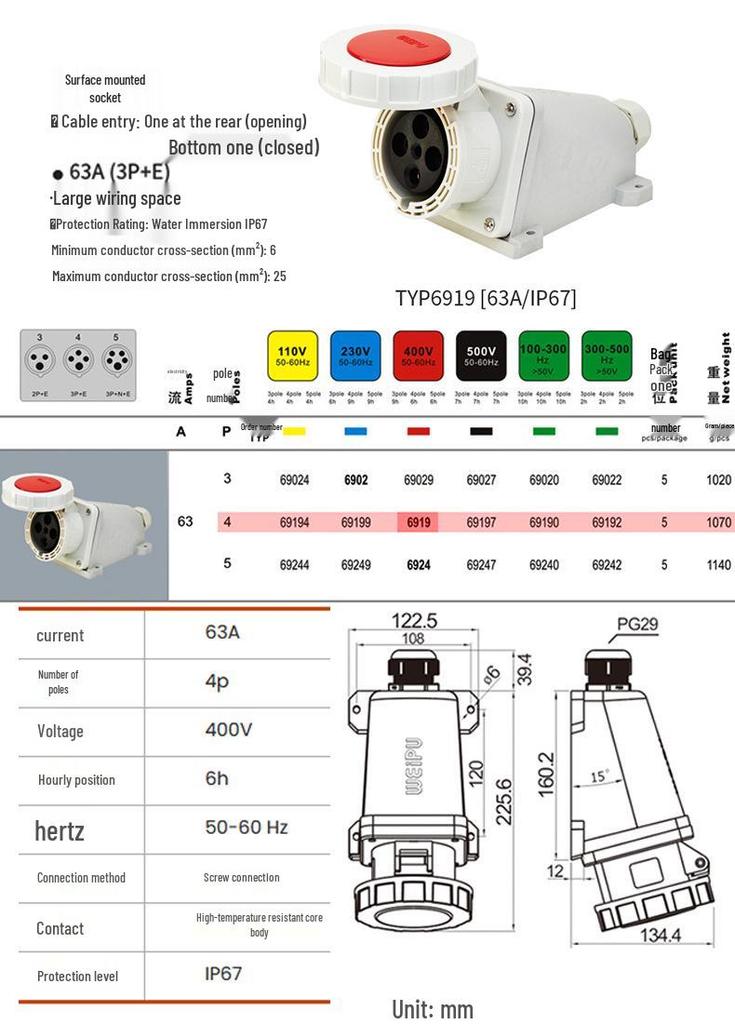 Weipu Industrial Plug TYP573 Surface/Flush Mount, IP67 Waterproof, 63A 4-Pin Aviation Connector
