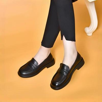 Повседневная обувь, круглые кожаные туфли, женские, черные, первый слой, из коровьей кожи, базовые туфли на ногу