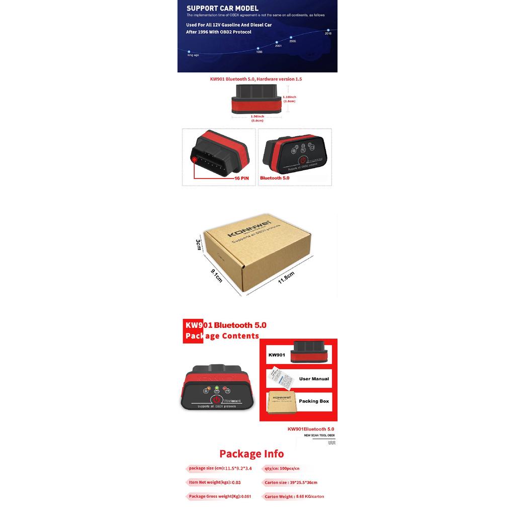 KONNWEI KW901 ELM327 V1.5 Bluetooth5.0 Автомобильный OBD2 Сканер Android/IOS Диагностический Инструмент для Автомобиля Считыватель Кодов pk Vgate ICAR2