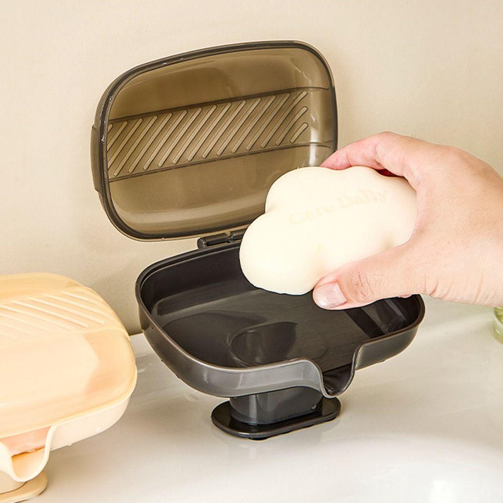 Durable Sloped Drainage Draining Soap Box Suction Cup Base Dustproof Lid Soap Dish Soap Holder for Bathroom Sink Countertop