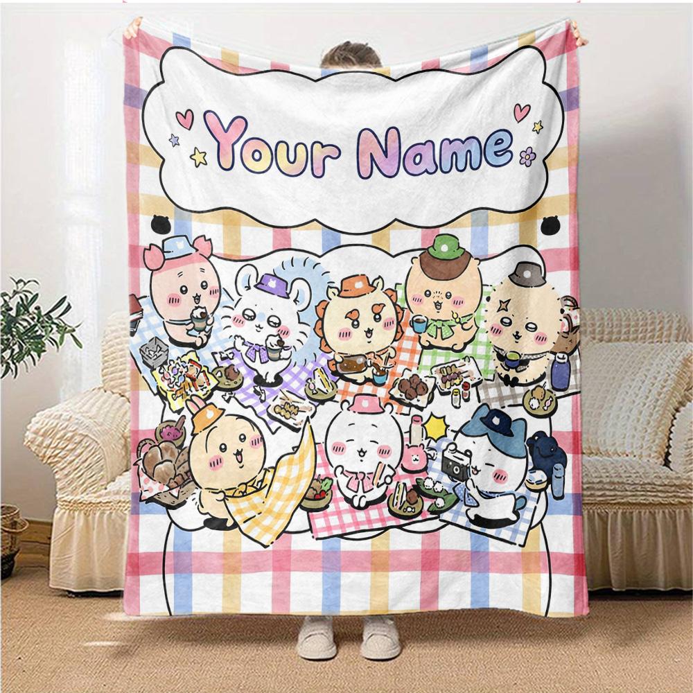 1pc Chiikawa Blanket with Custom Name, Gift, for Men and Women, Soft Blanket, Good for Sofa Bed Couch Travel, Lightweight Flannel Blanket