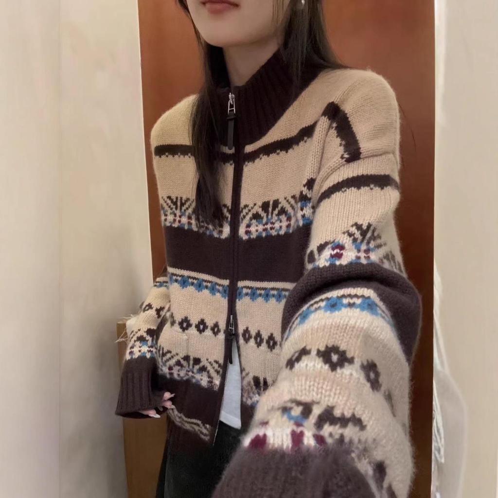 Korean Style Fair Isle Knit Wool Cardigan - Autumn/Winter Loose Fit Versatile Women's Top