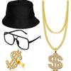 4Pcs Hip Hop Costume Kit Bucket Hat Sunglasses Dollar Sign Chain Ring Rapper Accessories Cool Look