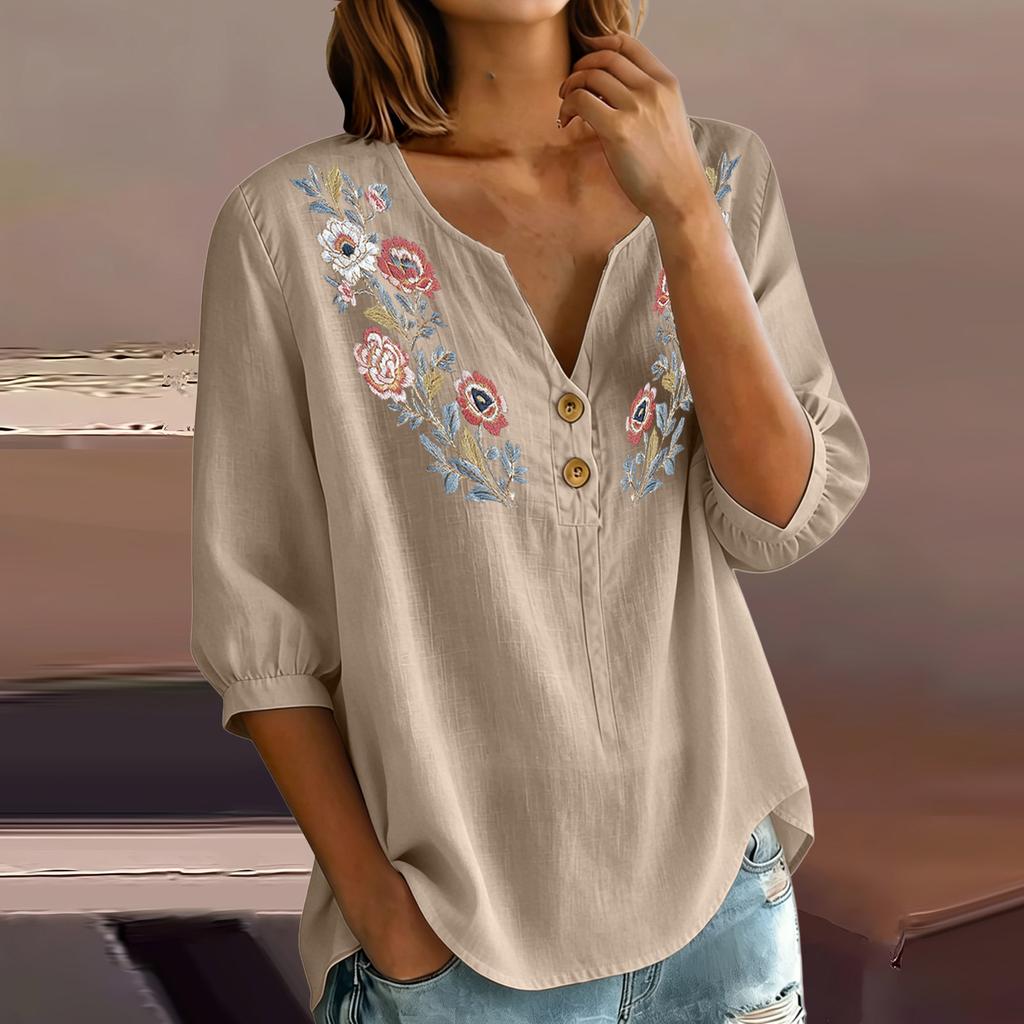 Женская льняно-хлопковая блузка-henley с цветочной вышивкой, пуговицами на воротнике, рукавами три четверти, повседневная, свободного кроя