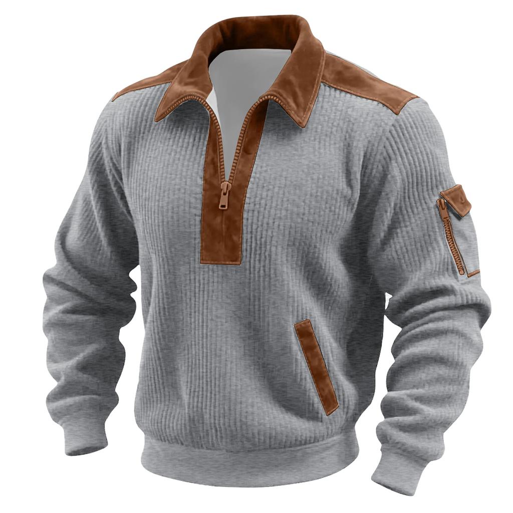 Мужской однотонный вельветовый топ с длинным рукавом и застежкой-молнией на горловине, мужской повседневный топ с лацканами