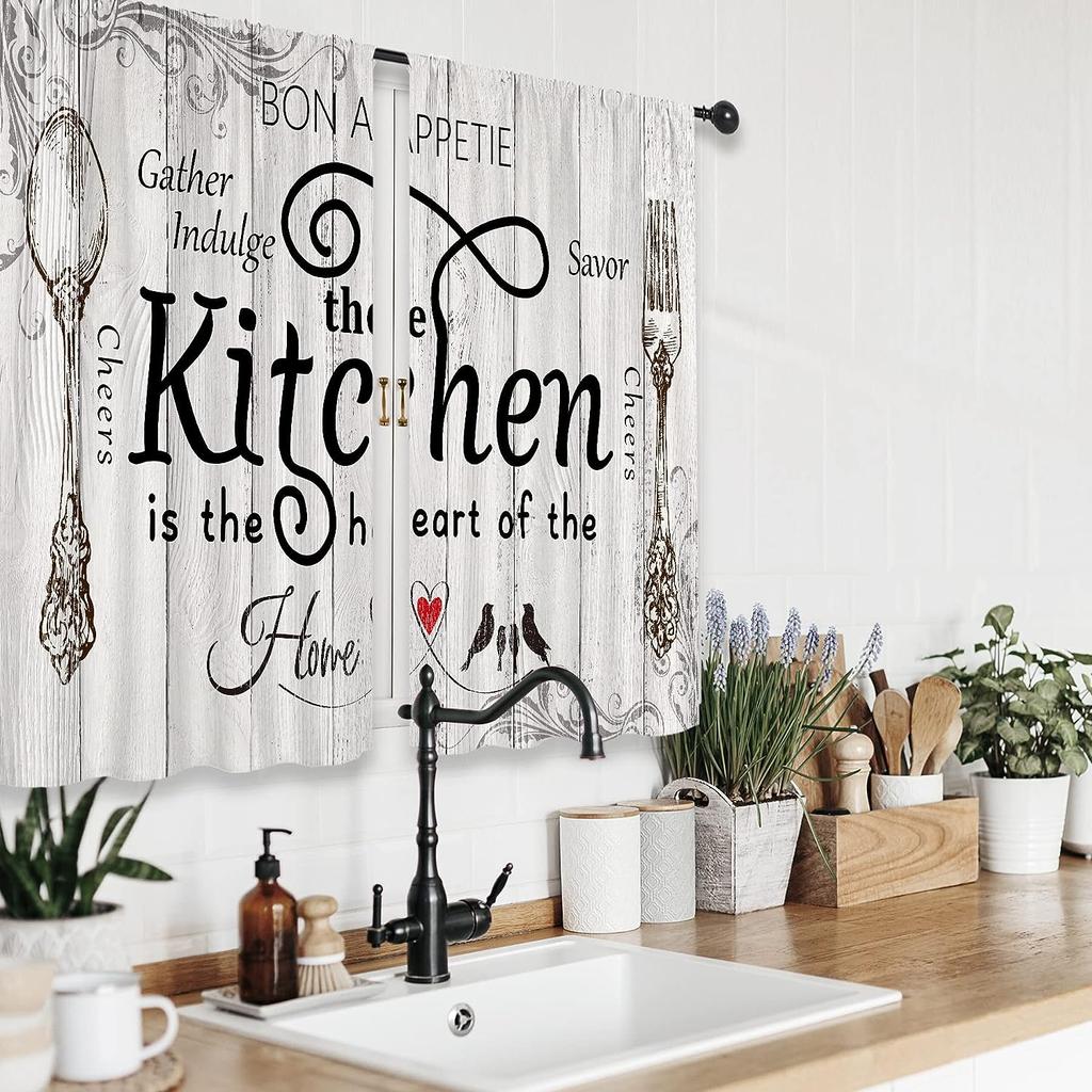 Retro Creative Print Curtain Kitchen Dining Room Living Decoration Curtains Set Of 2 Made Polyester With Rod Pocket Decor