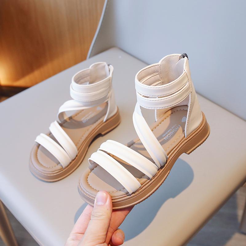 Children Fashion Girls Sandals Open Toes Solid Color Back Zipper Elegant Simple 2024 New Beach Shoes Kids Versatile Non-slip PU