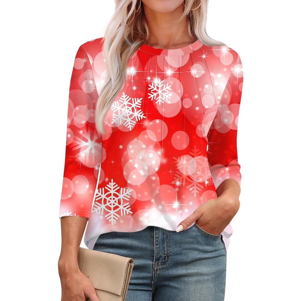 Женская модная футболка с круглым вырезом и рукавом 3/4 с принтом, повседневная, базовая, плиссированная, пуловер