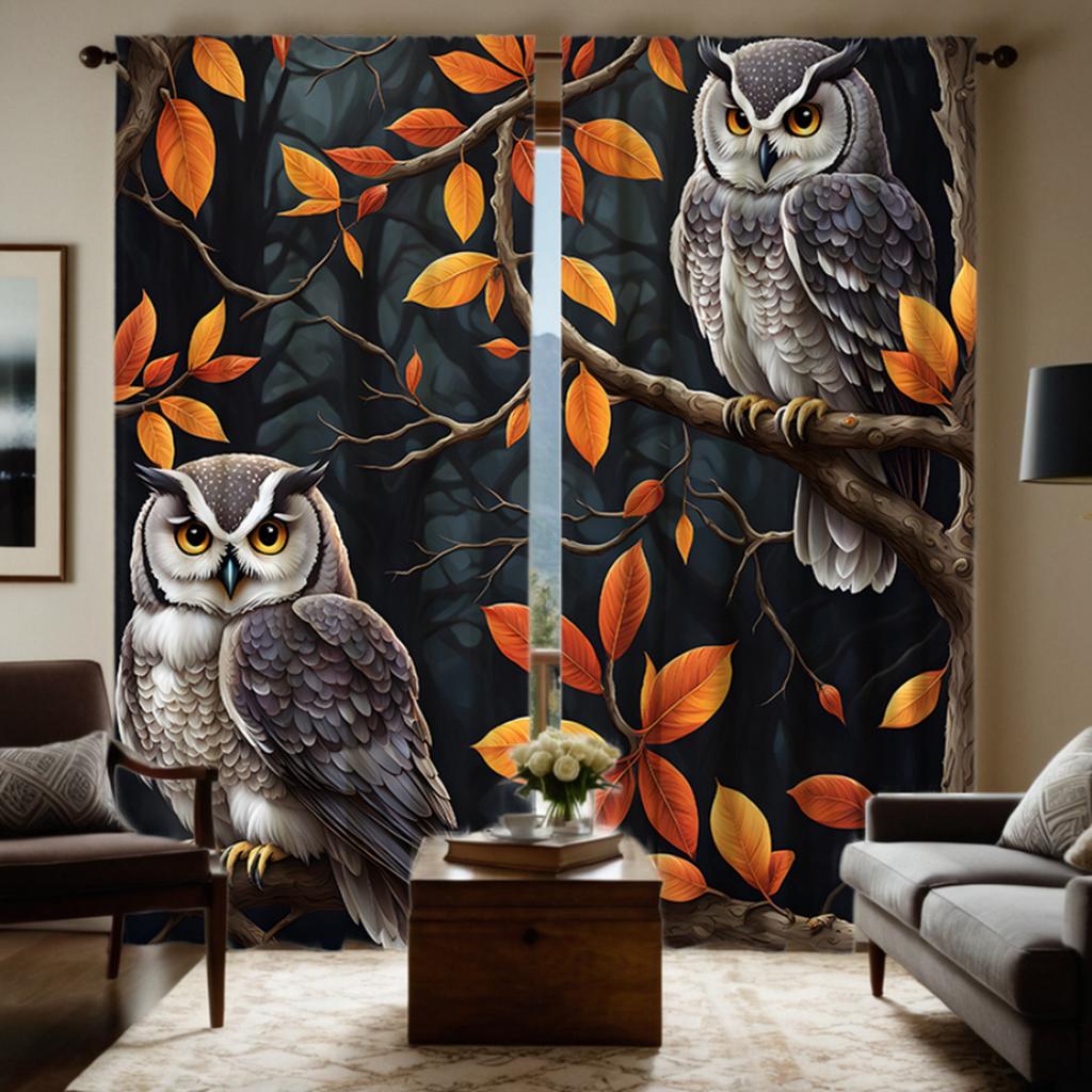2 Pieces with HD Maple Tree Owl Decorative Curtain Black Tie Digital Printed Curtain Home Decoration Style Decoration Living Roo