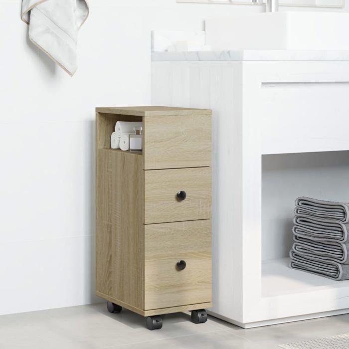 VidaXL Meuble étroit de salle de bain à roulettes chêne sonoma, rangement de salle de bain étroite, rangement de salle de 855234