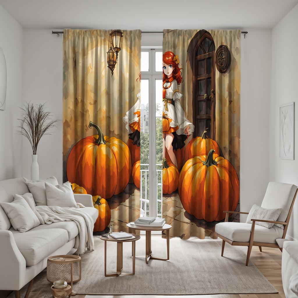 2 шт. HD Занавеска для задней комнаты с изображением тыквы и девочки из мультфильма Желтая завязка с цифровым принтом для украшения дома в стиле гостиной