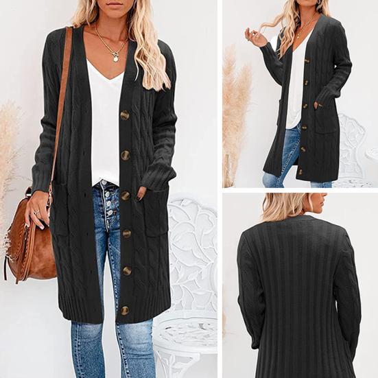 Женский свитер, кардиган с V-образным вырезом, длинным рукавом, перекрученной текстурой, трикотажными топами с карманами, однотонный трикотажный жакет на пуговицах