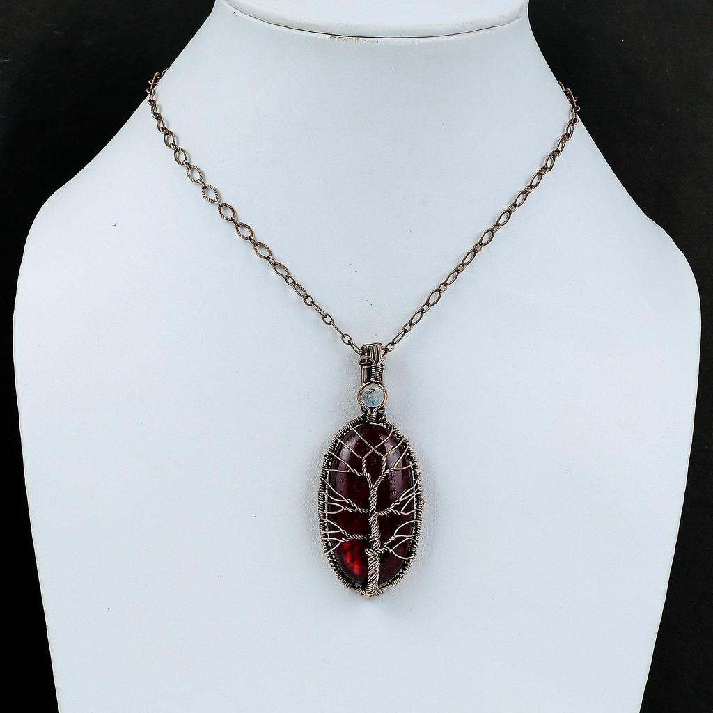 Подвеска из красного огненного лабрадорита «Дерево жизни», подвеска из медной проволоки с драгоценным камнем, подвеска из лунного камня, ювелирное изделие из медной проволоки ручной работы, свадебный подарок