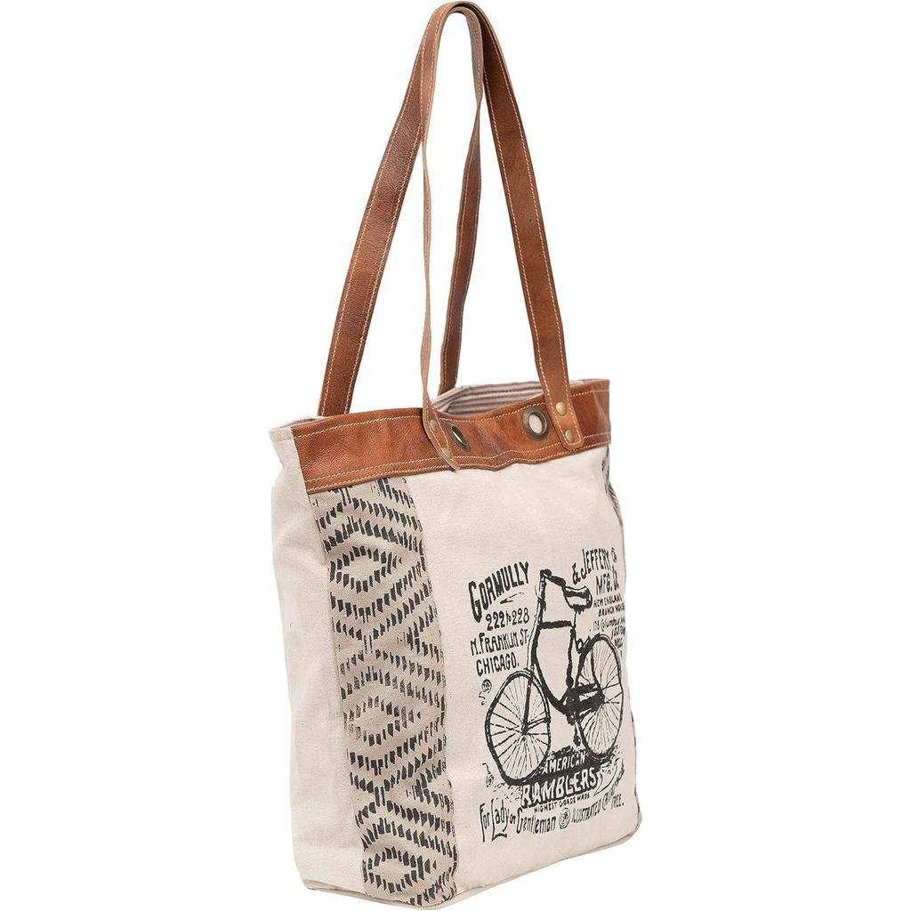 Let's Touch The Sky Leather Bags Bicycle Upcycled Canvas Tote Bag White Tan, Khaki, Brown