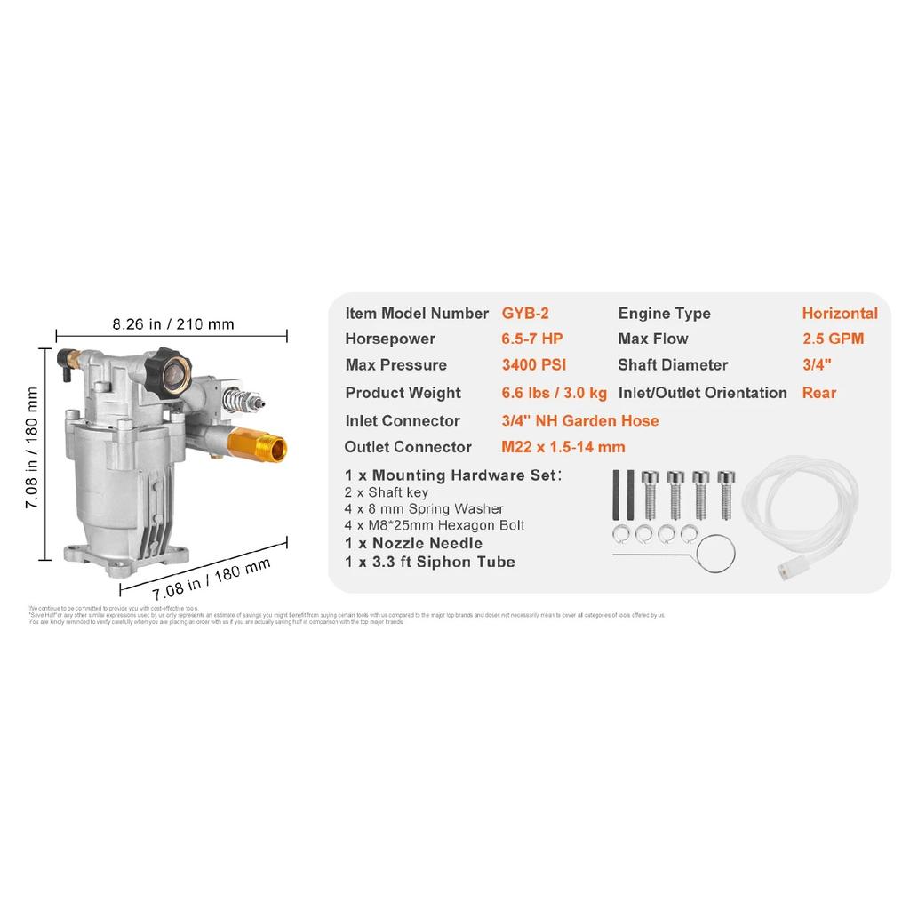SucceBuy Насос для мойки высокого давления с валом 3/4", горизонтальный, 3400 PSI, 2,5 GPM, сменный комплект насосов, совместимый с Honda RYOBI