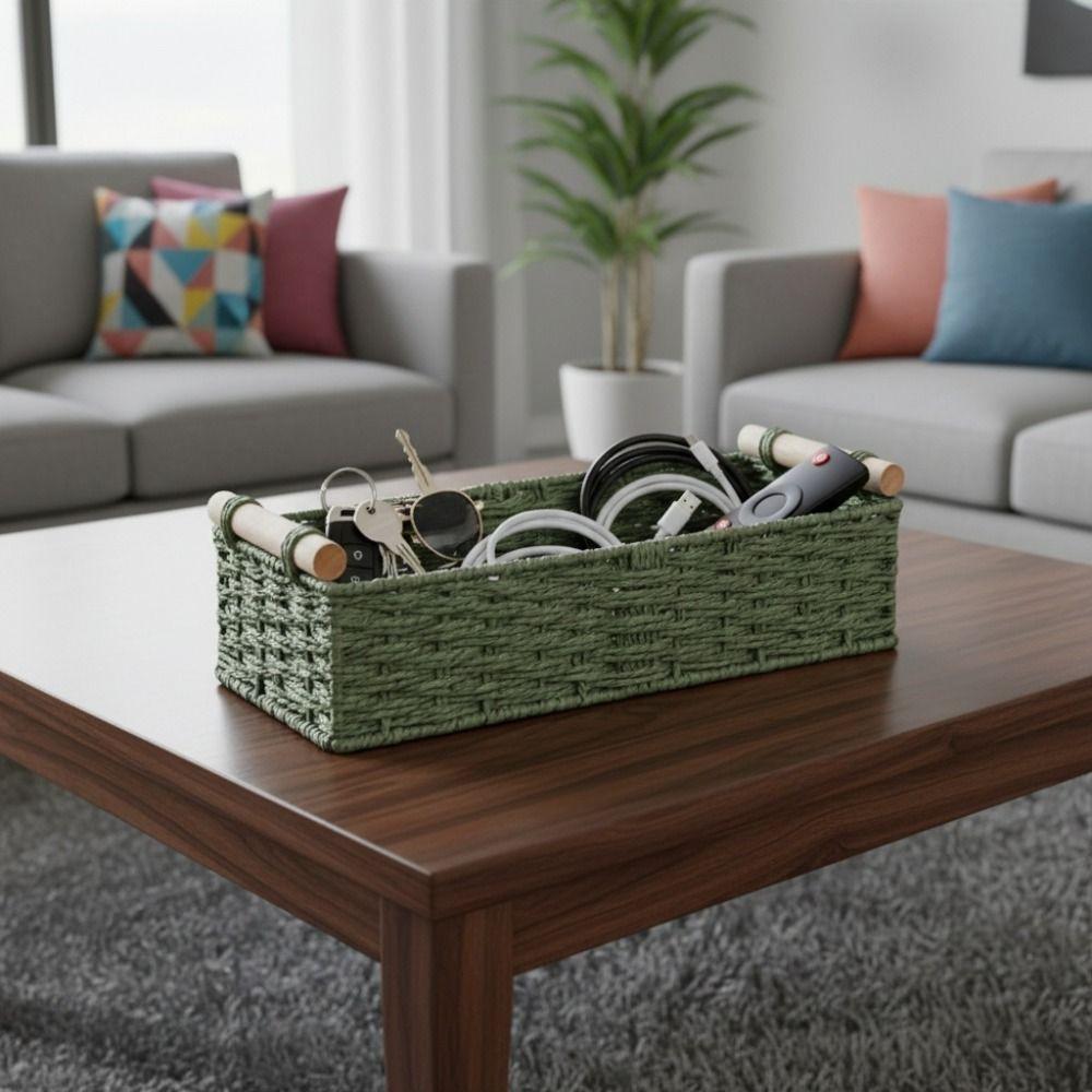 Handwoven Braided Toilet Paper Basket Wood Handle Sundry Storage Basket Snack