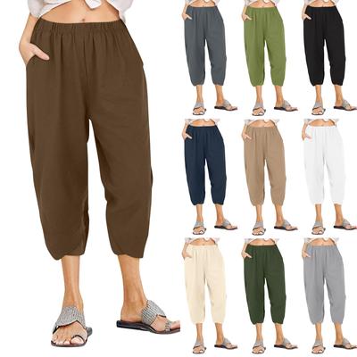 Женские повседневные однотонные карманные прямые свободные укороченные брюки с широкими штанинами