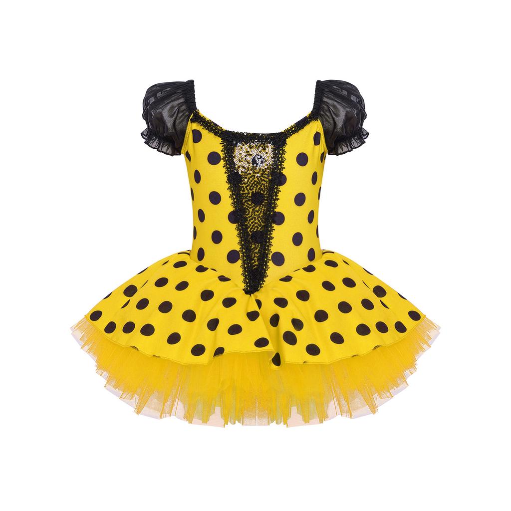 Girls Ballet Tutu Dress Short Puff Sleeve Shiny Sequins Color Block Dots Performance Costume for Recitals
