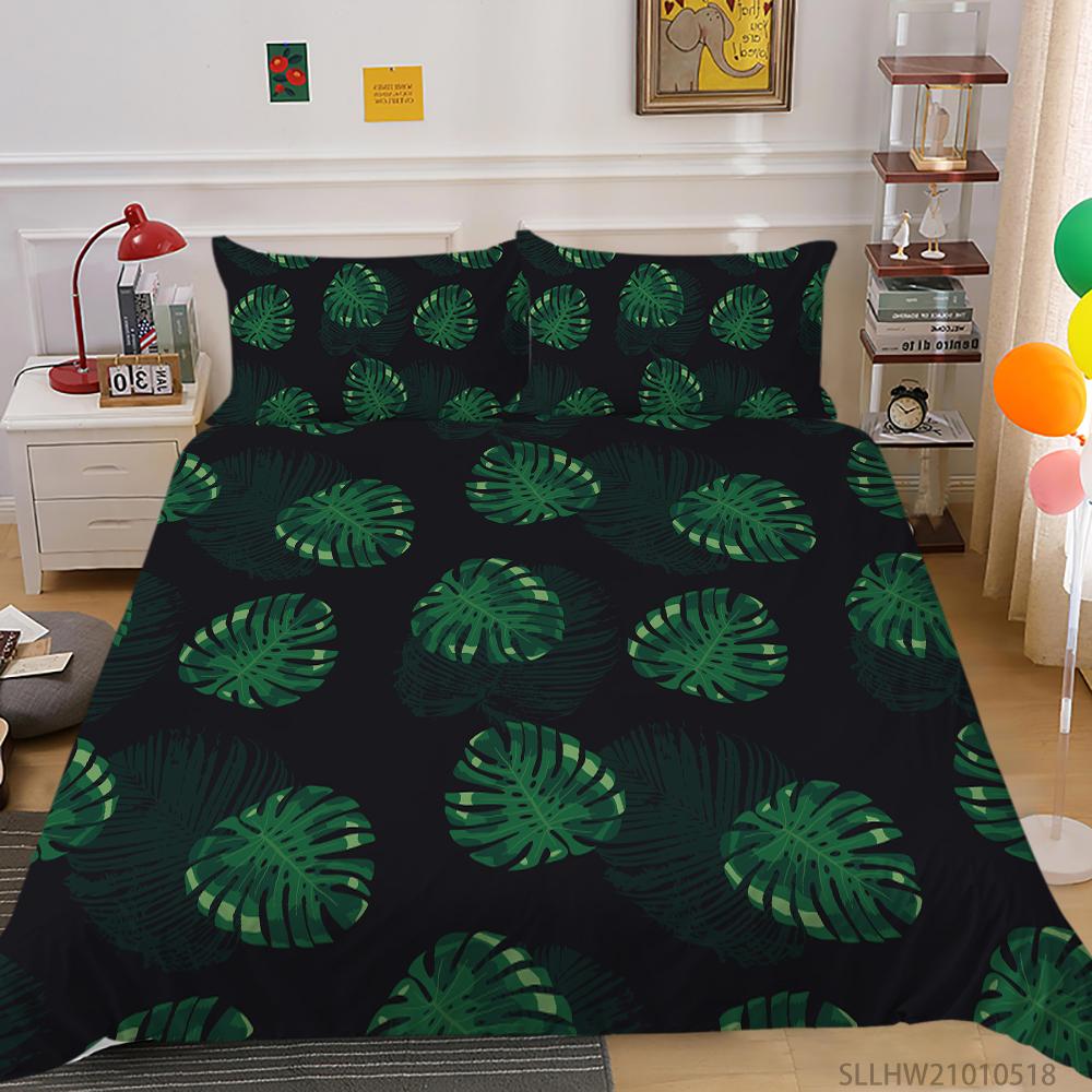 3D Green Leaf Bedding Plant Down Quilt Cover and Pillowcase 2 or 3 Pieces of Microfiber Fabric with Zipper Washable Super Soft Home Decoration