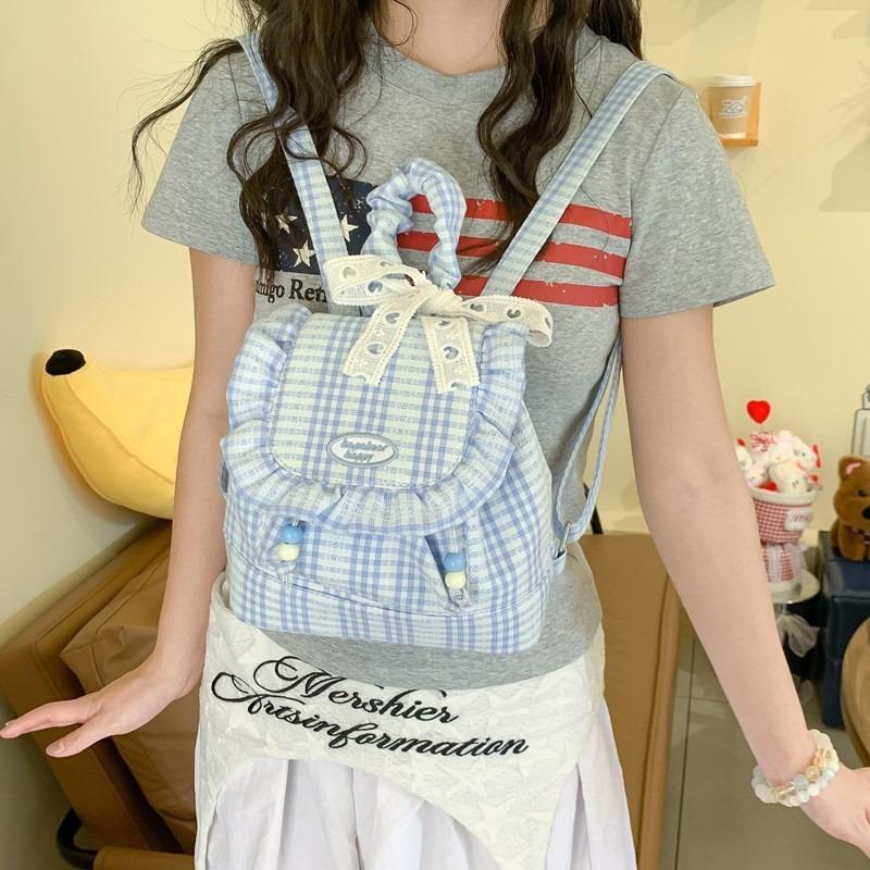 Lace Plaid Backpack New Niche Design Fluffy Ruffle Edge Mini Plaid Backpack