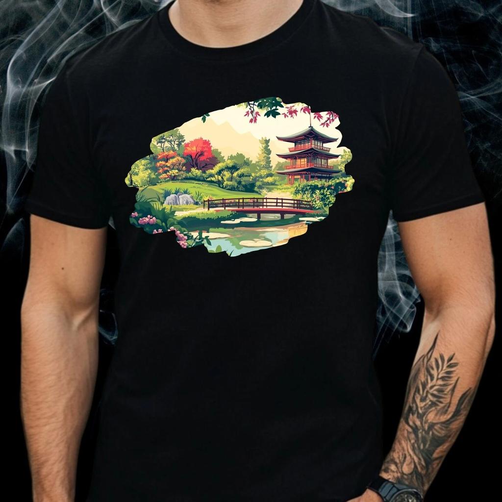 T-Shirt Herren Japanischer Garten Motiv Baumwolle Größe S bis 5XL