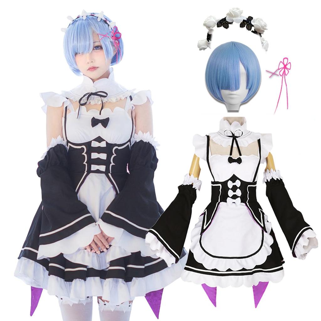 milky time ReZero Rem Maid Costume with Wig, Size L, Color Rem (Maid)