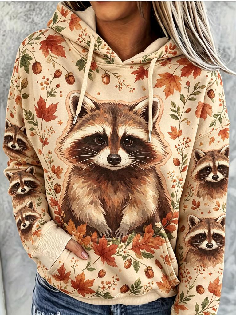 Women Fleece Hoodie Autumn Fox Floral Berry All‑Over Print Long Sleeve Drawstring Pocket Loose Hooded Sweatshirt