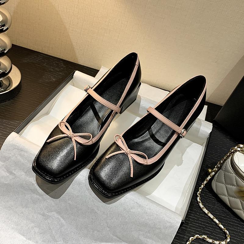 Осенние туфли с бантом женские с юбкой сказочные туфли одно слово с французским средним каблуком толстый каблук Мэри Джейн маленькие кожаные туфли