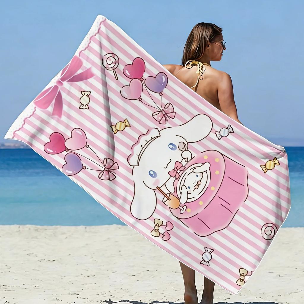 1pc Cute Cinnamoroll Beach Towel Pink White Stripe Bow Print Soft Absorbent Quick Dry for Beach Pool Yoga Camping
