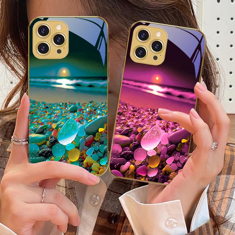 Красочный каменный берег моря Для iPhone 16 16Pro Max 15 P ro 14 13 Plus 12 Mini 11Pro Max XS Max XR Золотой чехол для телефона из закаленного стекла