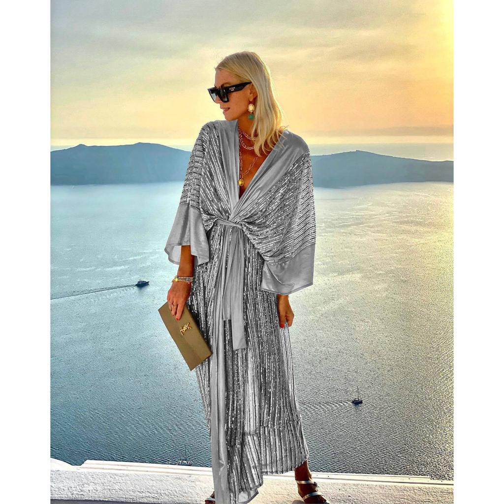 Cover Up Women Bohemian Maxi Long Kimono Tunic Cape Beach Dress Fashion Vintage Sequin Sleeve Cardigan Holiday Party Gold