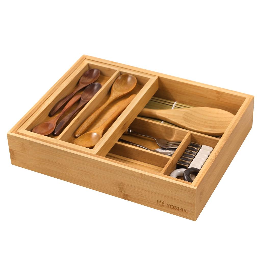 YOSHIKI Bamboo Cutlery Case Cutlery Storage Case Drawer Divider Cutlery Tray 2 Tier Tray Sliding Cupboard Kitchen Small Items Storage Kitchen Tools
