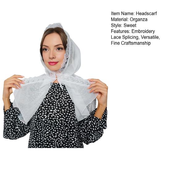 Women Headscarf Embroidery Lace Splicing Downward Shape Handkerchief Solid Color Thin Female Headwear