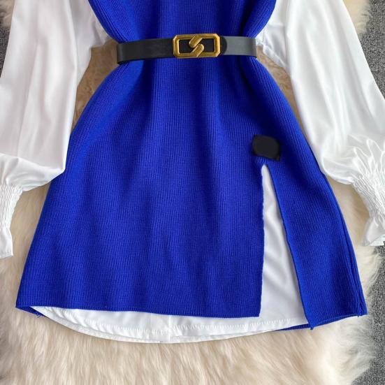 3Pcs/Set Women Shirt Vest Set Lapel Lantern Long Sleeve Single Breasted Shirt O-neck Side Slit Knitting Vest Set with Belt