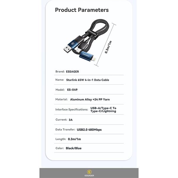 Essager 4 в 1 USB C Lightning Cable 65W PD Провод для быстрой зарядки для iPhone 14 13 Pro Max iPad HUAWEI Xiaomi Tablets Type C Cable