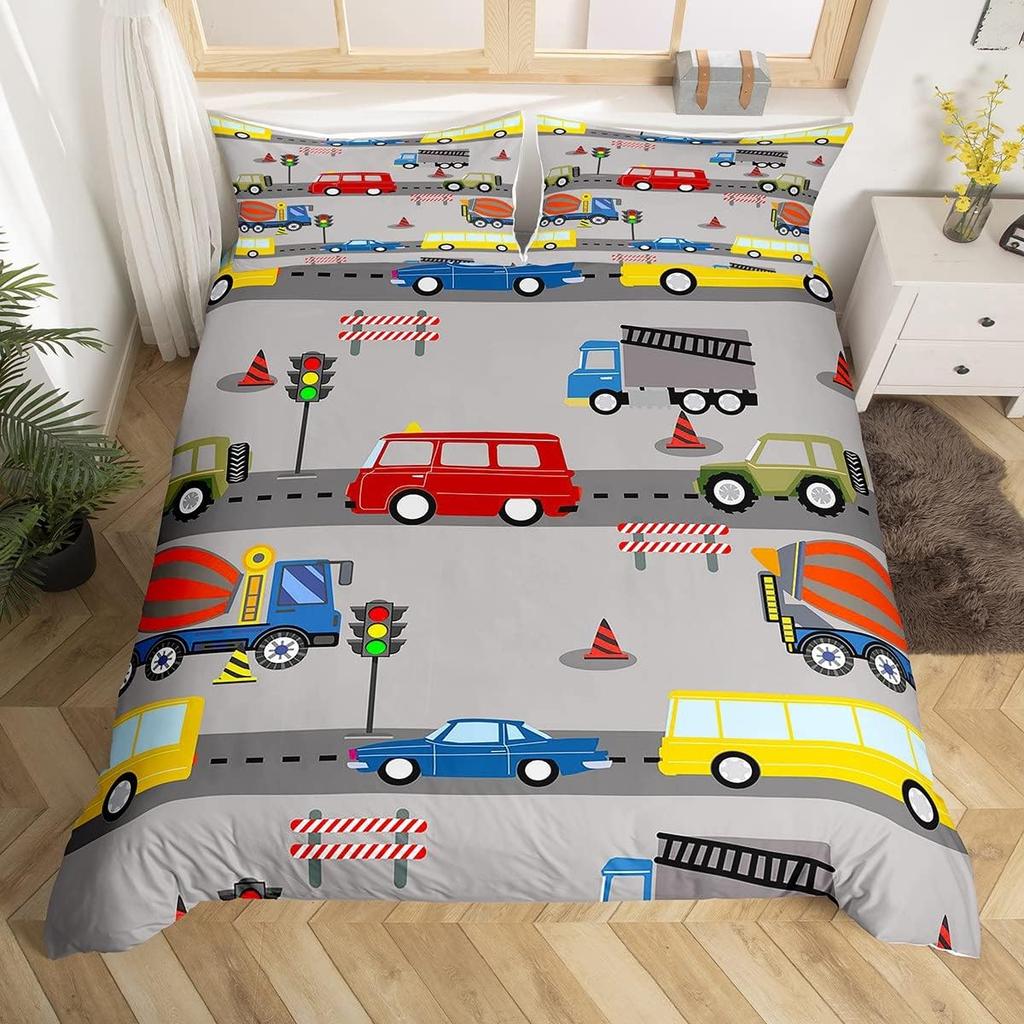 Comforter Cartoon Truck Twin City Landscape Bedding Set Hand Drawn Cartoon Vehicles City Map Railway Train Comforter