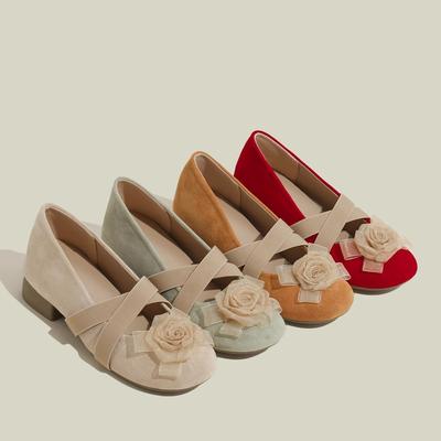 Кожаные туфли Мэри Джейн с ремешком крест-накрест камелия и внутренней высотой, женские, новая коллекция 2025, весенние балетки на толстом каблуке, одинарные туфли для женщин