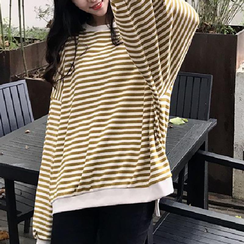 Корейская полосатая футболка с длинными рукавами и круглым вырезом для женщин на весну и осень, тонкий новый стиль с ленивым свободным универсальным топом