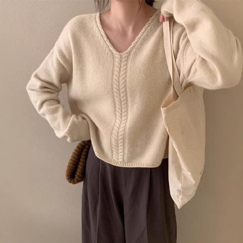 Women's V-neck Pullover Sweater Autumn and Winter New Loose Knit Sweater for Women
