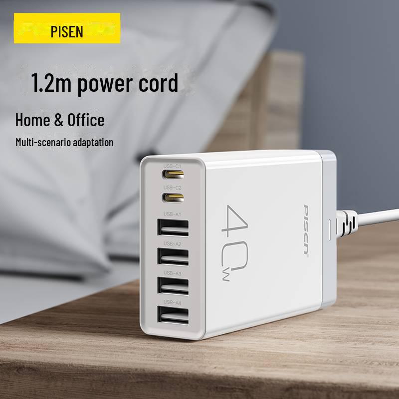 PISEN 40 Вт, 6-портовое быстрое зарядное устройство, 4 USB, 20 Вт PD для Apple и Android