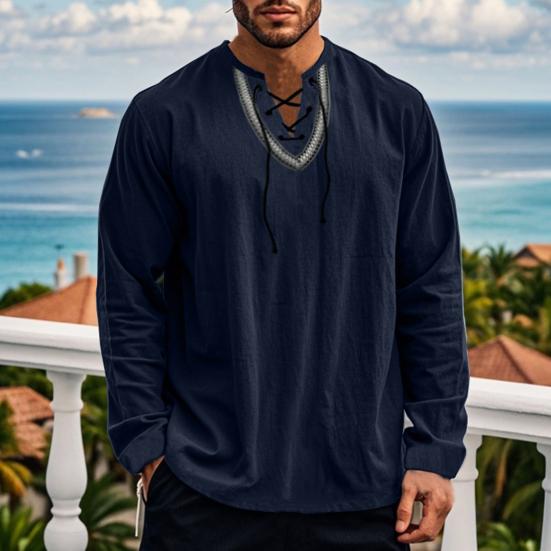 Мужская повседневная рубашка со шнуровкой и V-образным вырезом, свободный крой, длинные рукава, винтажная этническая рубашка в стиле бохо, весна-осень, дышащая хлопковая мужская толстовка, топ