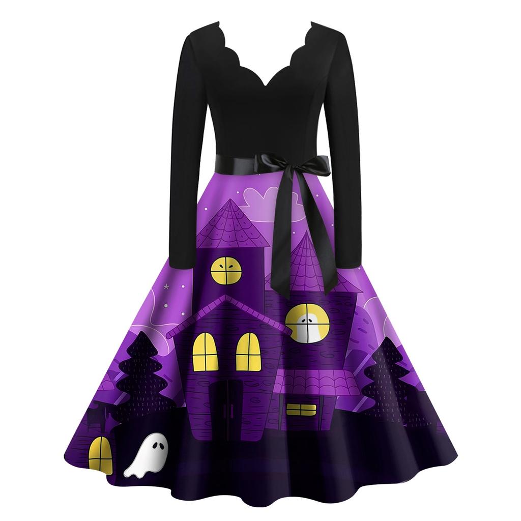 Хэллоуин Женское Повседневное Модное Платье с V-образным Вырезом и Принтом В Винтажном Стиле