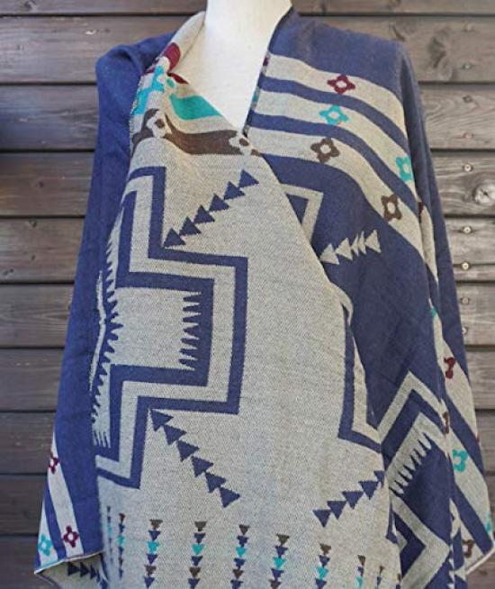 Large Check Pattern Large Shawl for Large Shawl for Fur Lap 2way [ROPUX] Shawl, Poncho, Muffler, Ortega, (navy/white), Winter, Women, Thick, Nepalese,