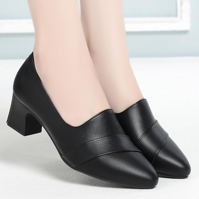 New Middle-aged Women's Pumps PU Leather Soft Sole Non-slip Genuine Leather Casual 2024 Spring Non-slip Mid-heel Single Shoes